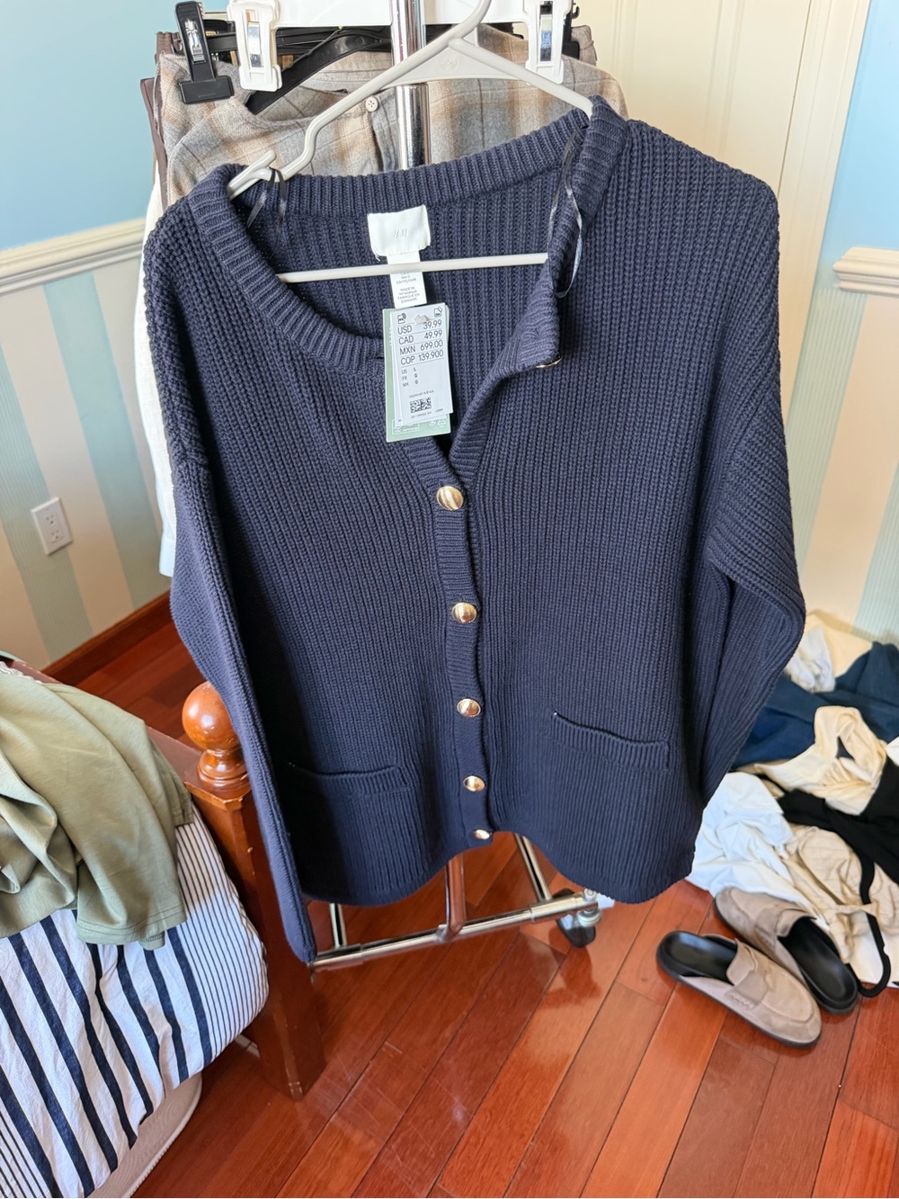 H&M Dark Navy Ribbed Cardigan with Gold Buttons